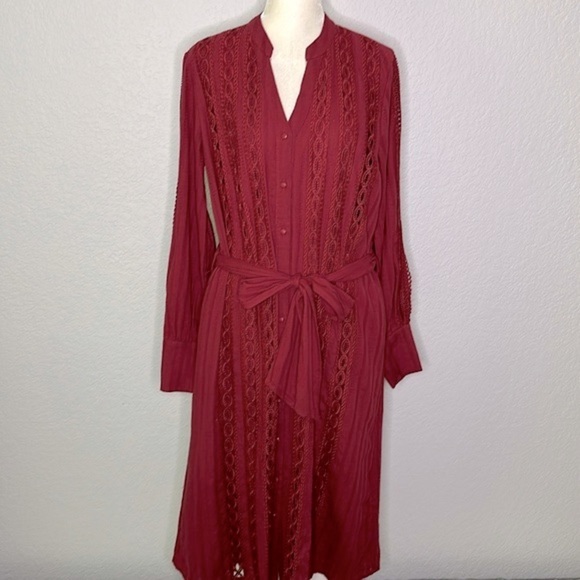 Champagne & Strawberry Long Sleeve Shirt Dress Crochet Insets Oversized Small - Picture 1 of 12